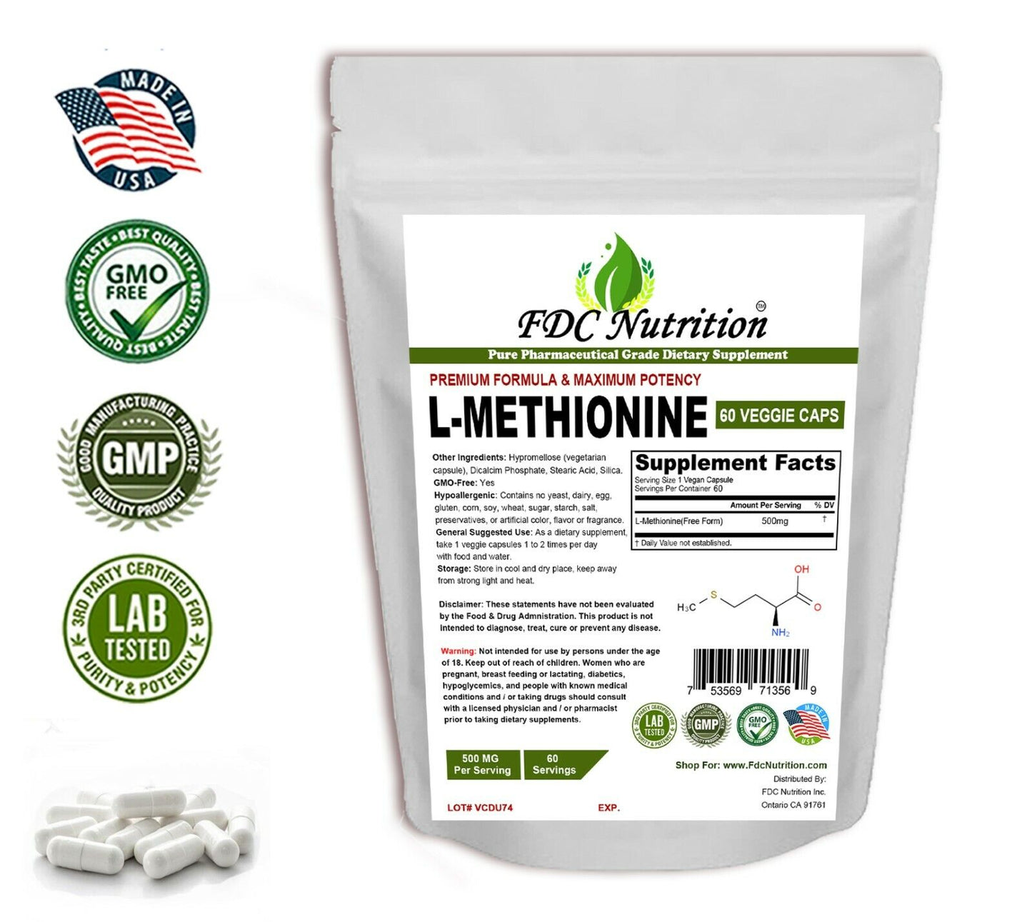 L-Methionine 500Mg Veg Capsules Detox Digestive Support Essential Amino Acid