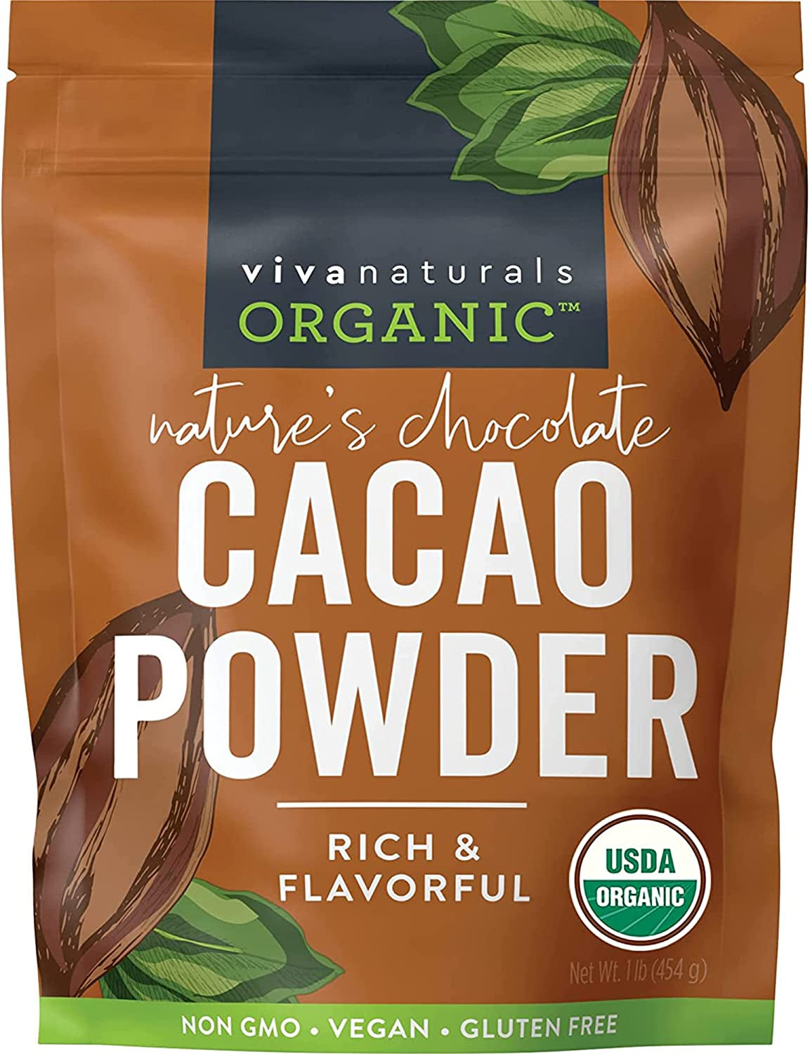 Viva Naturals Organic Cacao Powder, 1Lb - Unsweetened Cacao Powder with Rich Dar