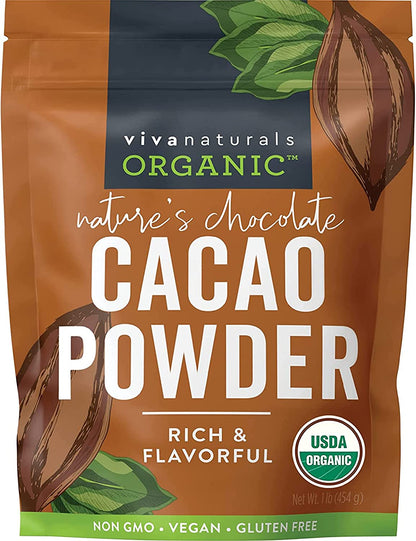 Viva Naturals Organic Cacao Powder, 1Lb - Unsweetened Cacao Powder with Rich Dar