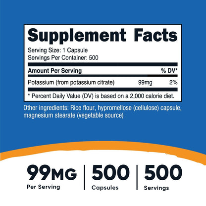 Potassium Citrate 99Mg, 500 Capsules - Gluten Free & Non-Gmo