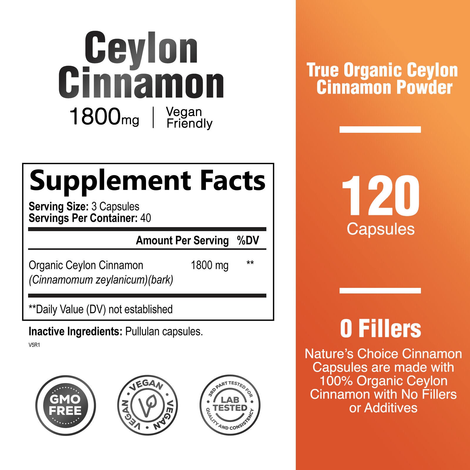 Organic Ceylon Cinnamon Capsules 1800Mg Highest Potency Blood Sugar Support