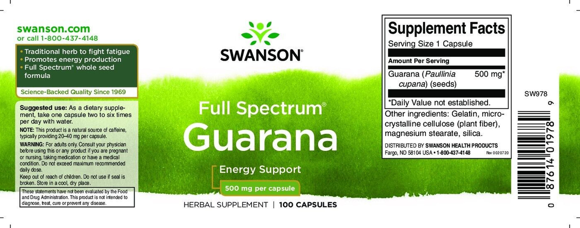 Swanson Full Spectrum Guarana 500 Mg 100 Capsules