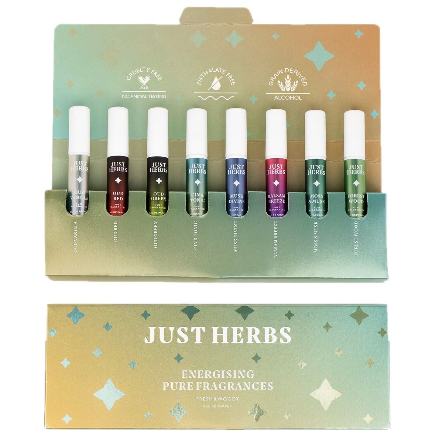 Just Herbs Energizing Pure Fragrances Perfume Fresh & Woody Set of 8 EDP