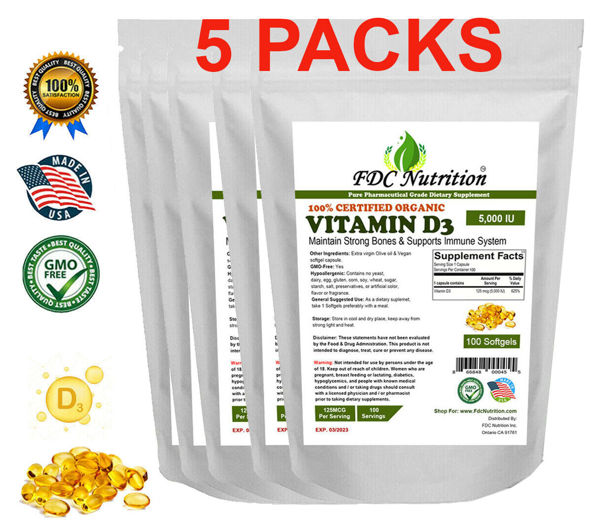 Vitamin D-3 5000 IU 500 Soft-Gels Non GMO Made in USA