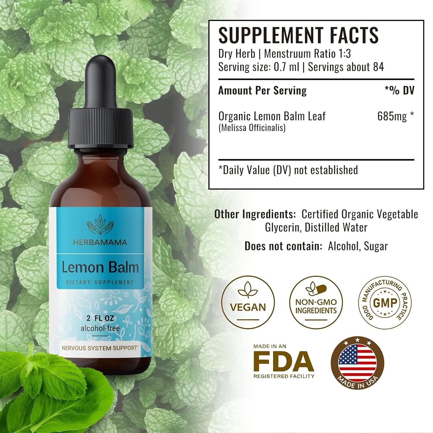 Lemon Balm Tincture - Organic Lemon Balm Herb Drops - Vegan, Alcohol-Free - 2 Fl