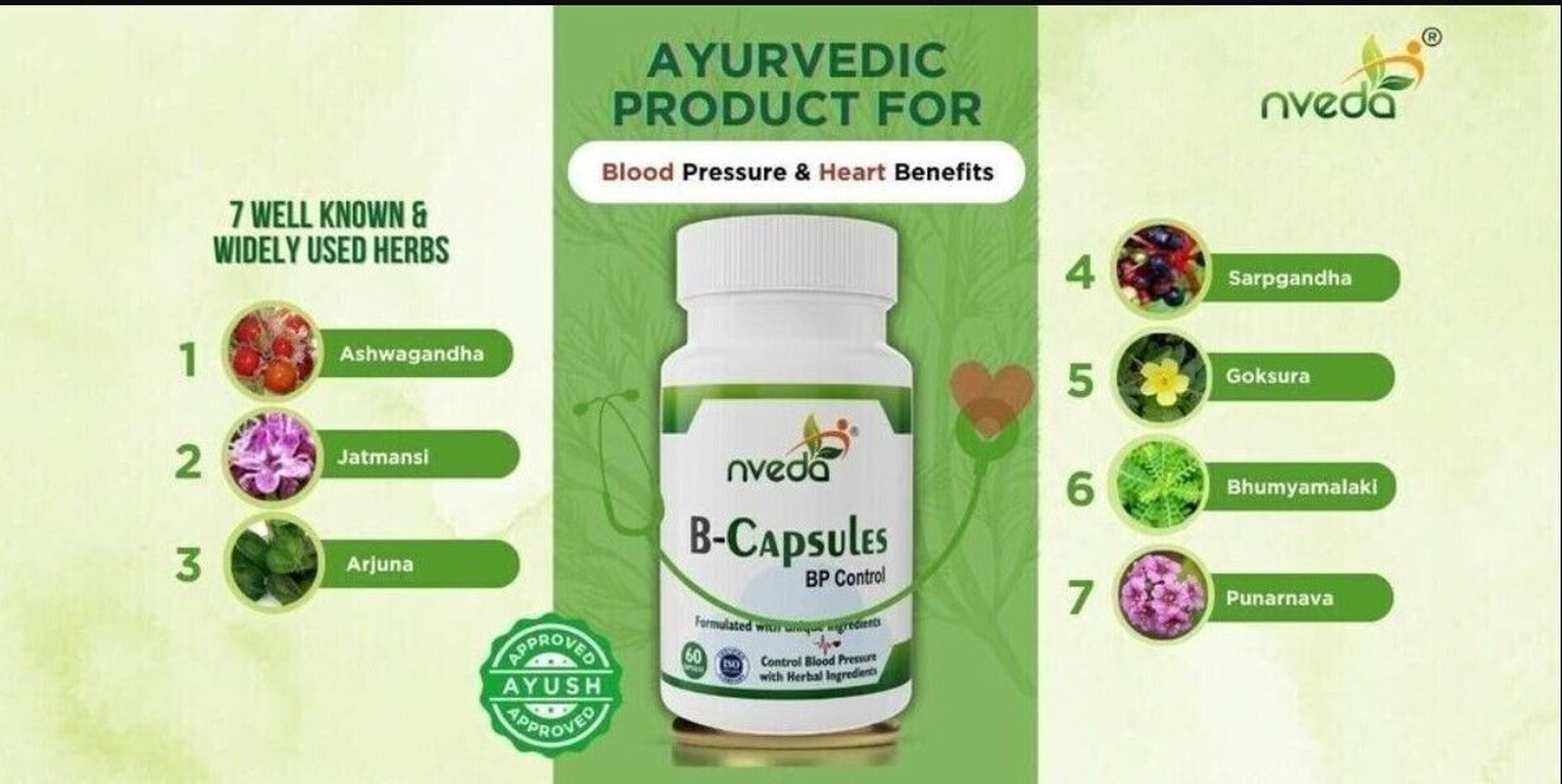 Nveda B-Capsules for BP Control & Hypertension (60 Caps) Ayurvedic Formulation