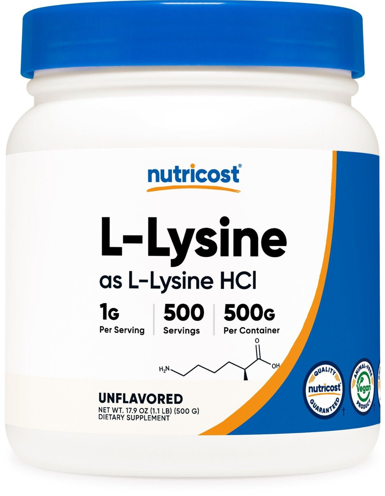 L-Lysine Powder 500 Grams - Pure L-Lysine, Non-Gmo, Gluten Free Nutricost