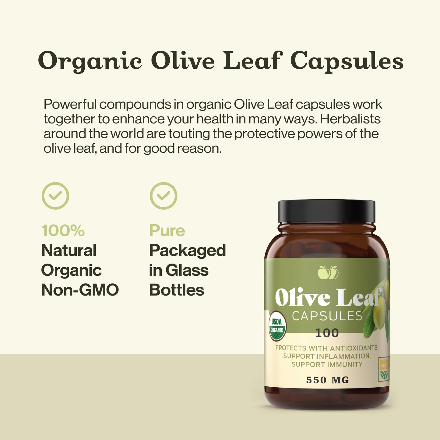 Organic Olive Leaf Capsules - 550Mg, 100 Count, 1100Mg per Serving