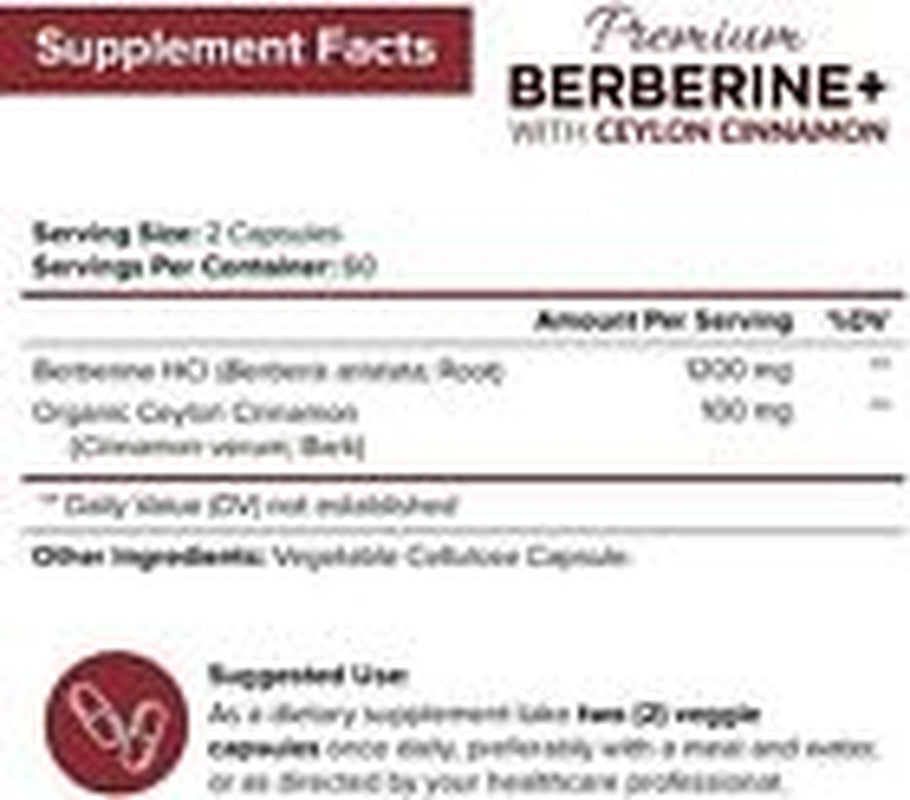 Premium Berberine HCL Pills 1200Mg plus Organic Ceylon Cinnamon - 120 Capsules