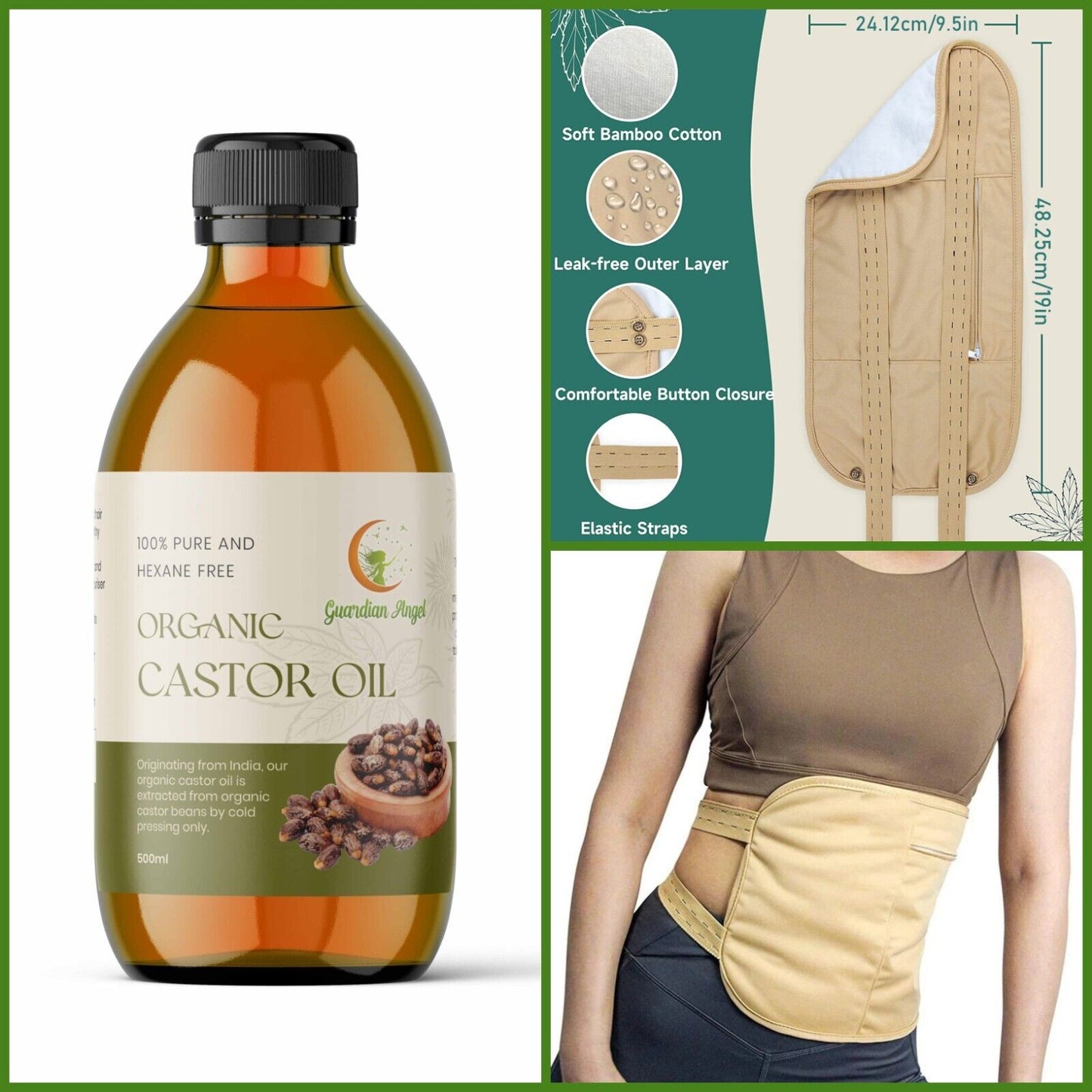 Pure Organic Castor Oil with Bamboo Cotton Body Wrap-Liver, Detox, Constipation