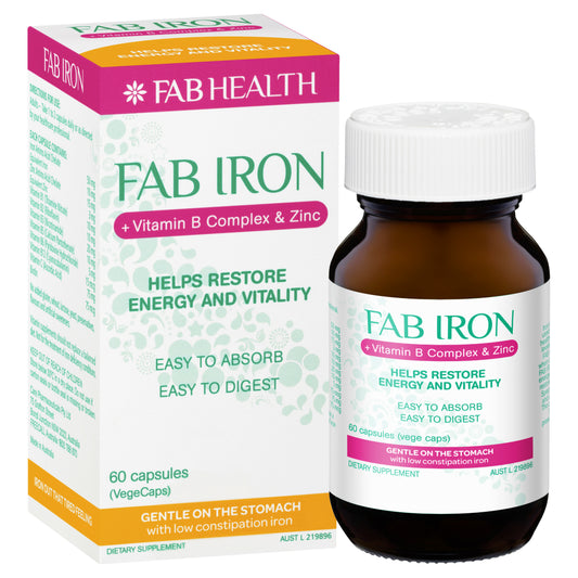 Fab Iron + Vitamin B Complex & Zinc 60 Capsules Low Constipation Gentle Vegan