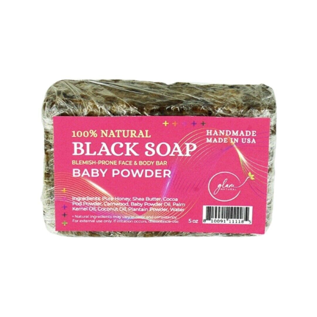 Glam Natural Black Soap 100% Natural Black Soap— Baby Powder 5Oz.