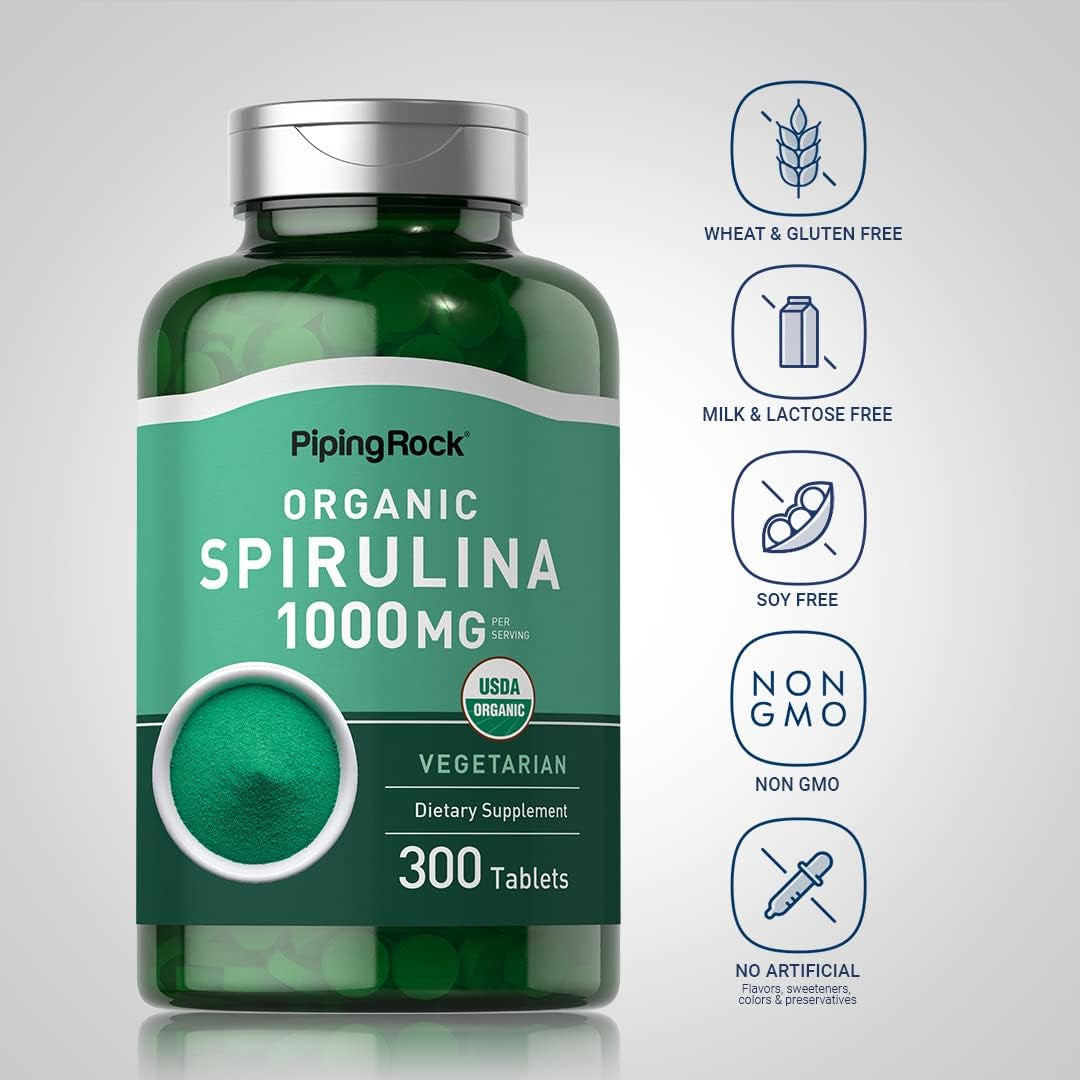 Organic Spirulina Tablets 1000 Mg | 300 Pills | Vegetarian, Non-Gmo, Piping Rock