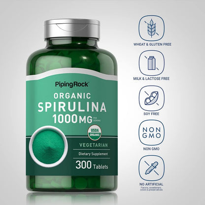 Organic Spirulina Tablets 1000 Mg | 300 Pills | Vegetarian, Non-Gmo, Piping Rock