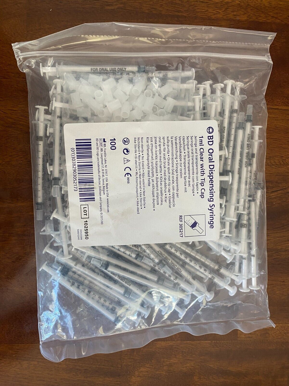 100 Pack BD Oral Dispensing Syringe 1 Ml Clear with Tip Cap BAG 100 Non-Sterile