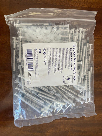 100 Pack BD Oral Dispensing Syringe 1 Ml Clear with Tip Cap BAG 100 Non-Sterile