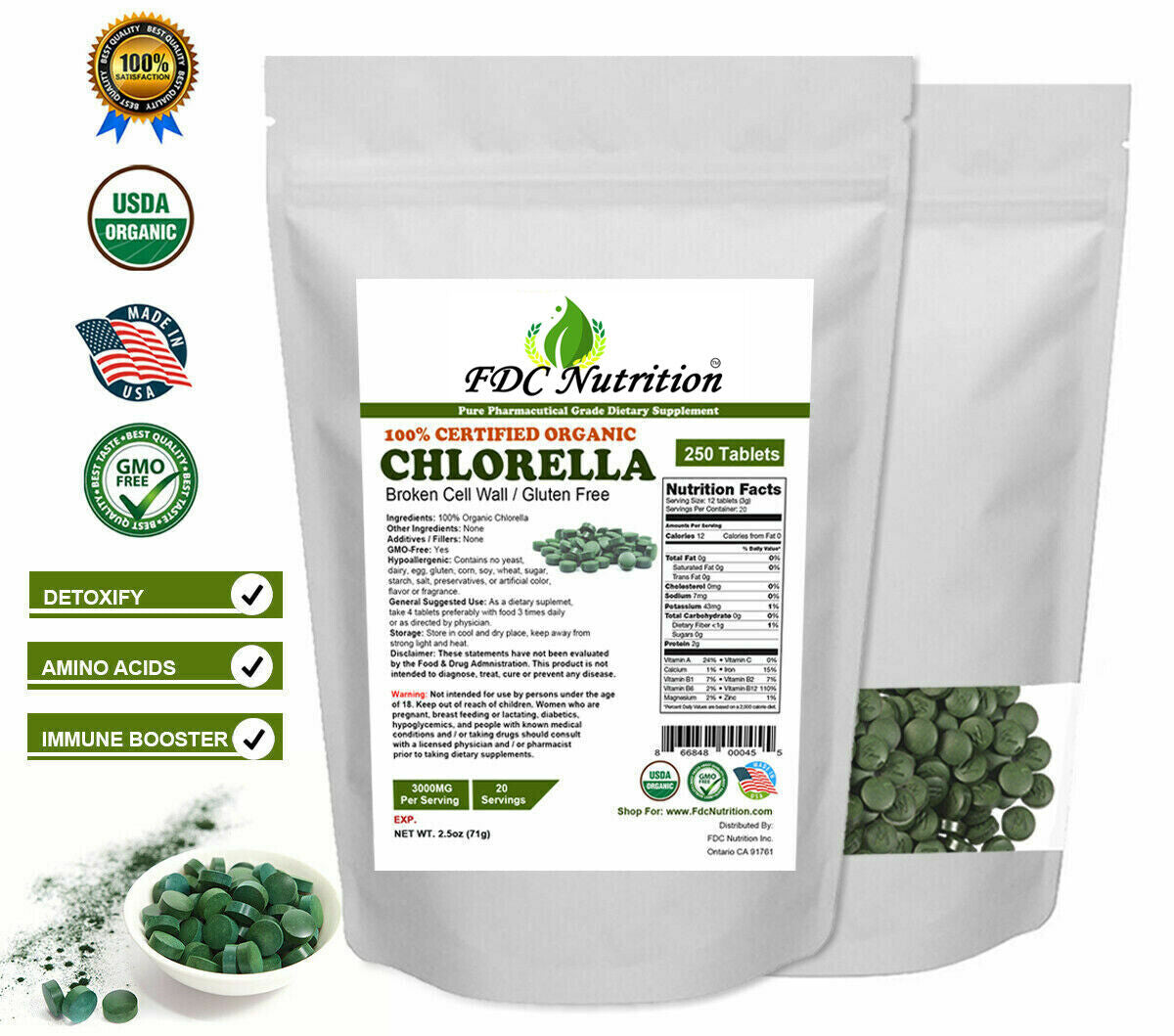 Organic Chlorella Tablets Broken Cell 3000Mg per Serving, 250 Tablets