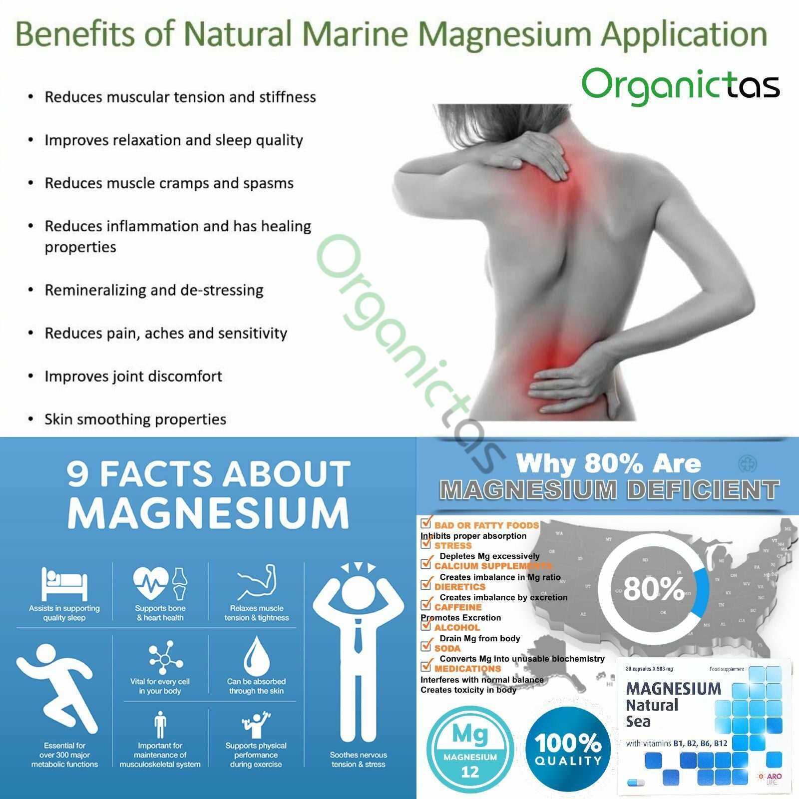 Natural MARINE MAGNESIUM 583Mg + VITAMIN B1, B2, B6, B12, 30* Capsules 1M Supply