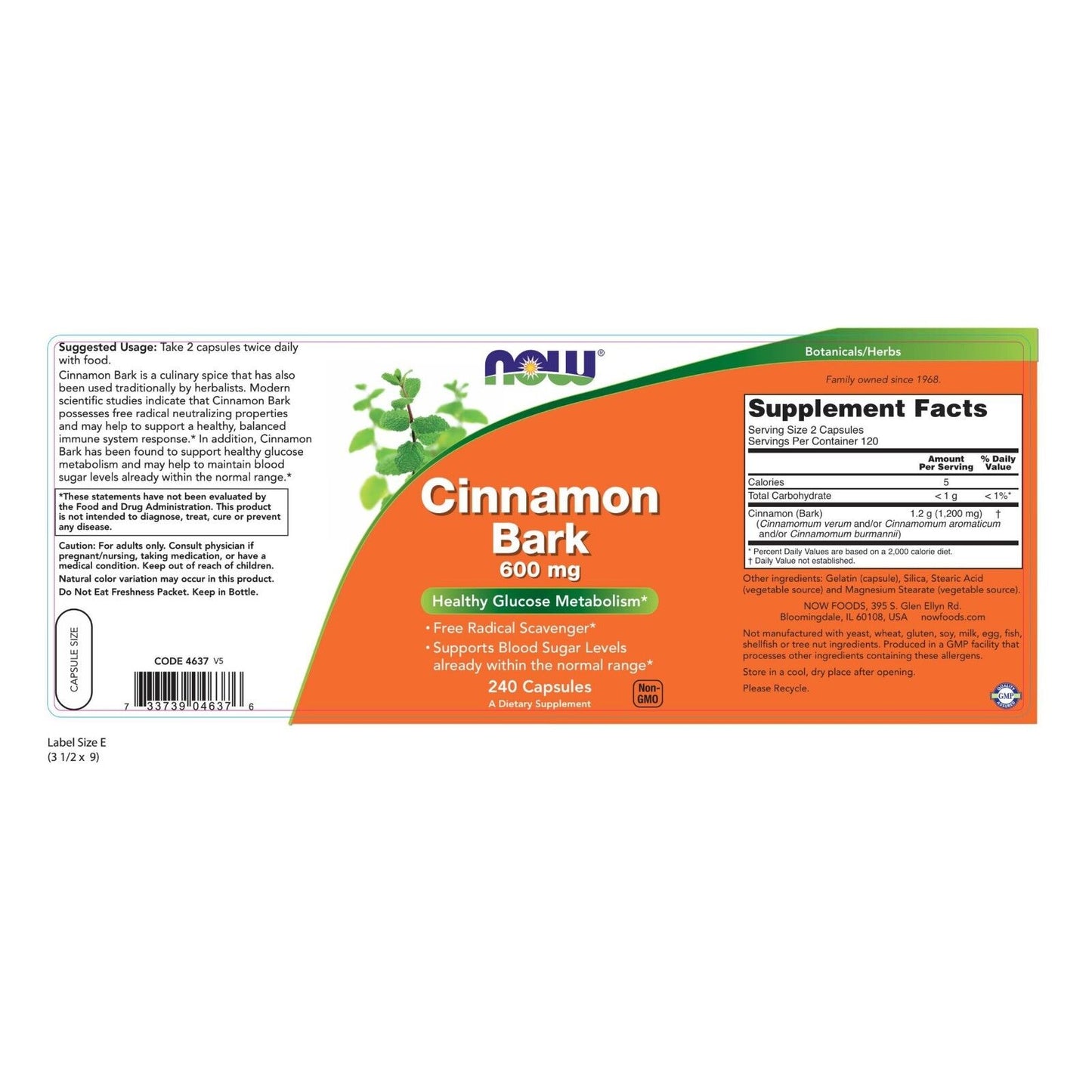 NOW Foods Cinnamon Bark, 600 Mg, 240 Capsules