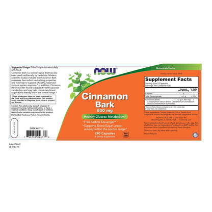 NOW Foods Cinnamon Bark, 600 Mg, 240 Capsules