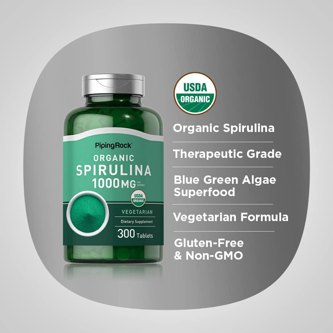 Organic Spirulina Tablets 1000 Mg | 300 Pills | Vegetarian, Non-Gmo, Piping Rock