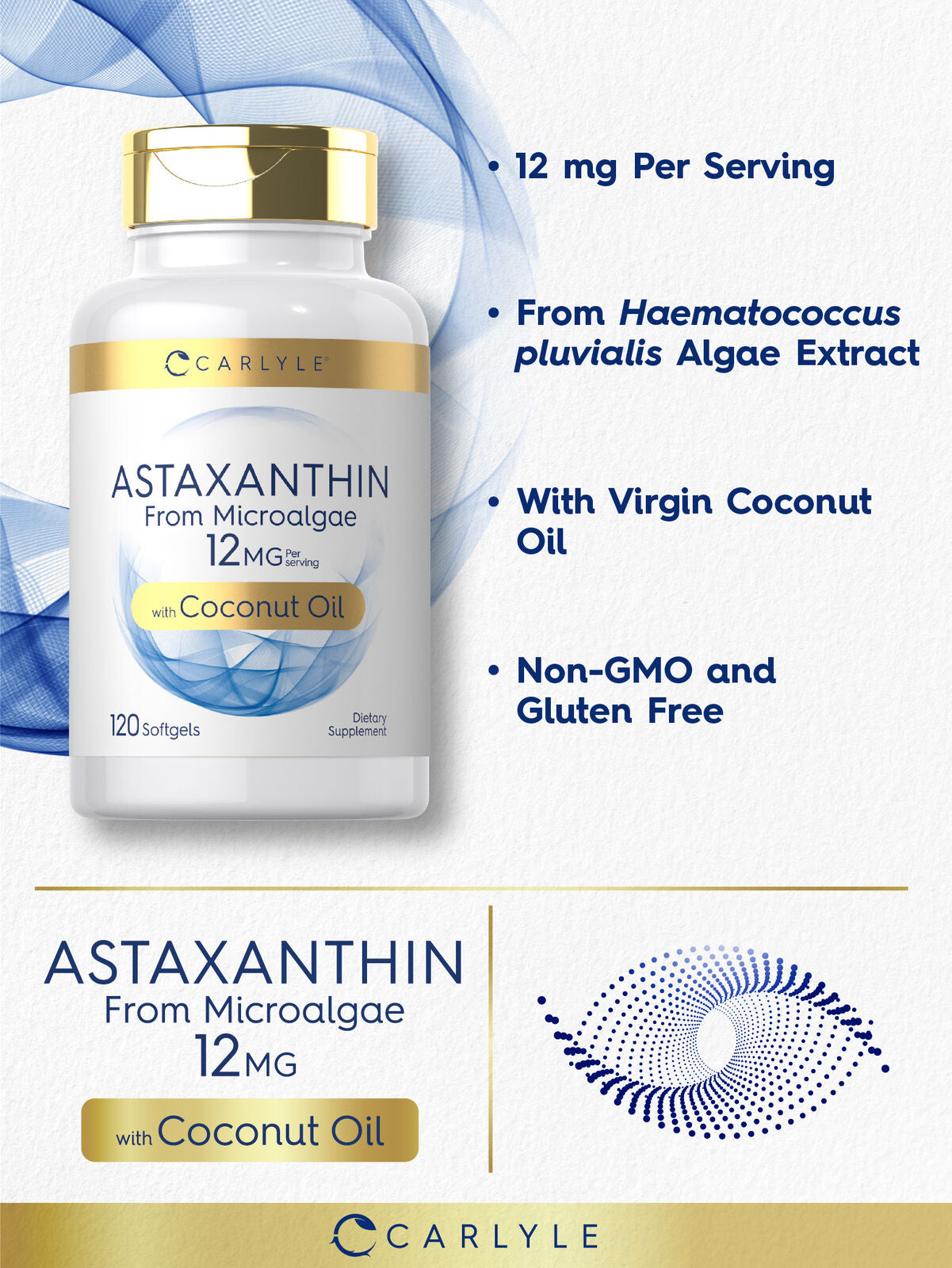 Astaxanthin 12Mg | 120 Softgels | from Microalgae, with Coconut Oil | by Carlyle