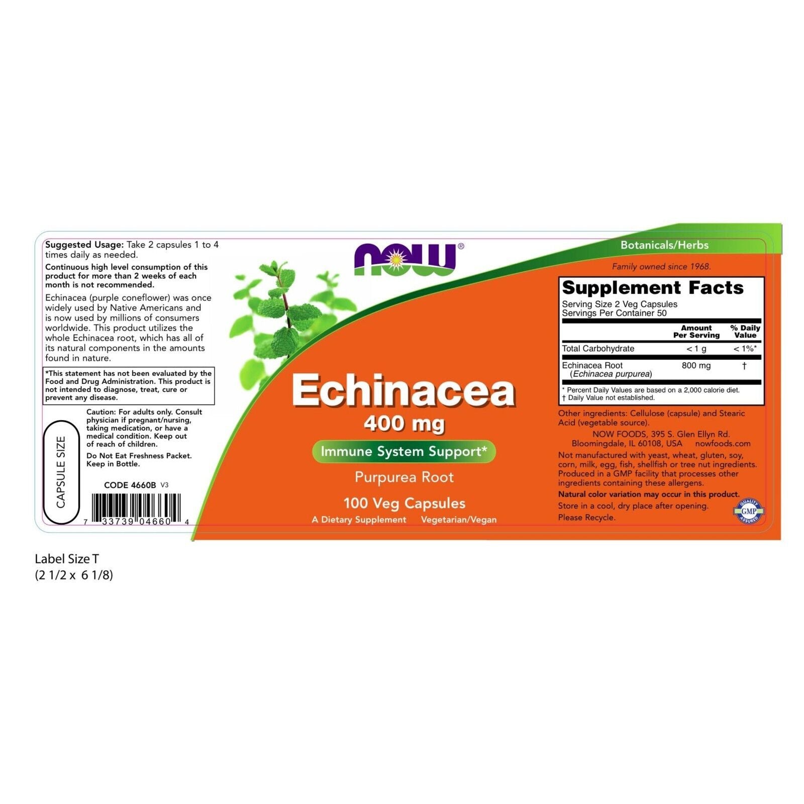 NOW Foods Echinacea, 400 Mg, 100 Veg Capsules