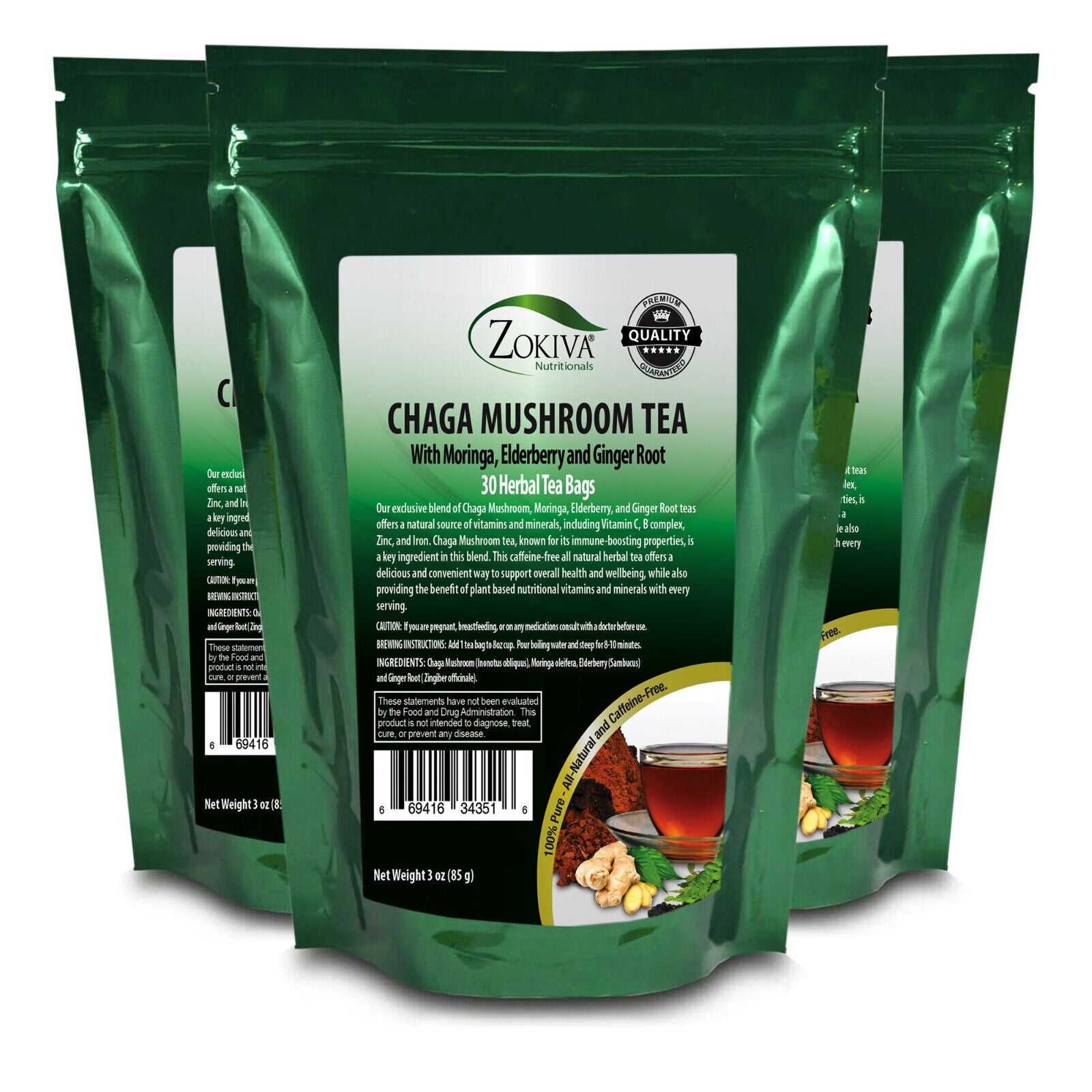 Chaga Tea, 3-Pack 90 Tea Bags - Wellness Blend with Moringa, Elderberry & Ginger