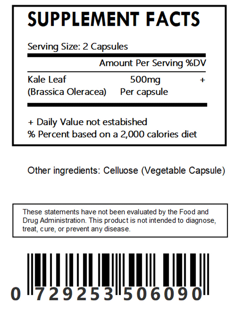 Kale Leaf Capsules - 30 Count 500Mg Each (Brassica Oleracea) Organic Superfood