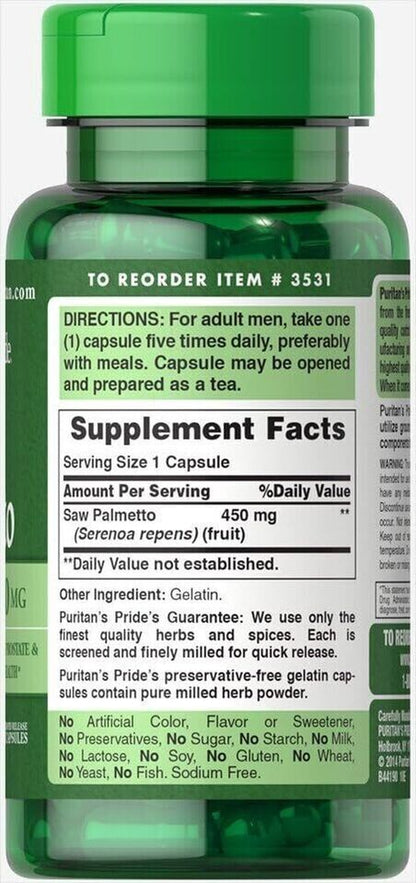 Saw Palmetto 450 Mg, Supports Prostate and Urinary Health