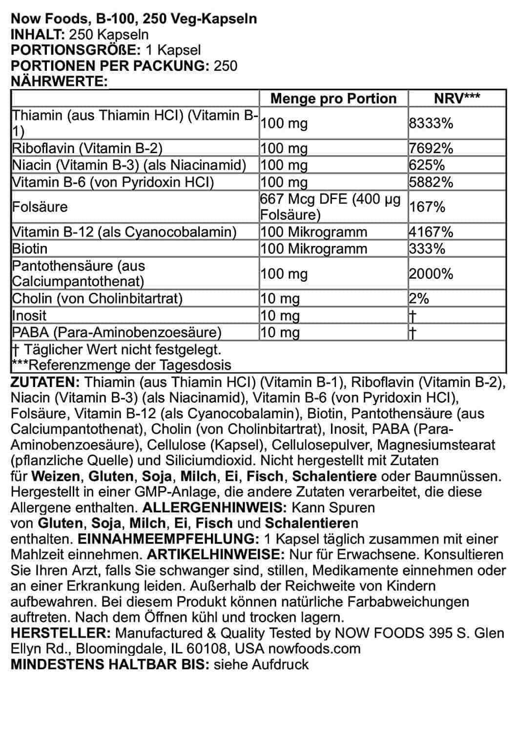 Vitamin B-100 (Comprehensive Vitamin B Set) 250 Veg Caps