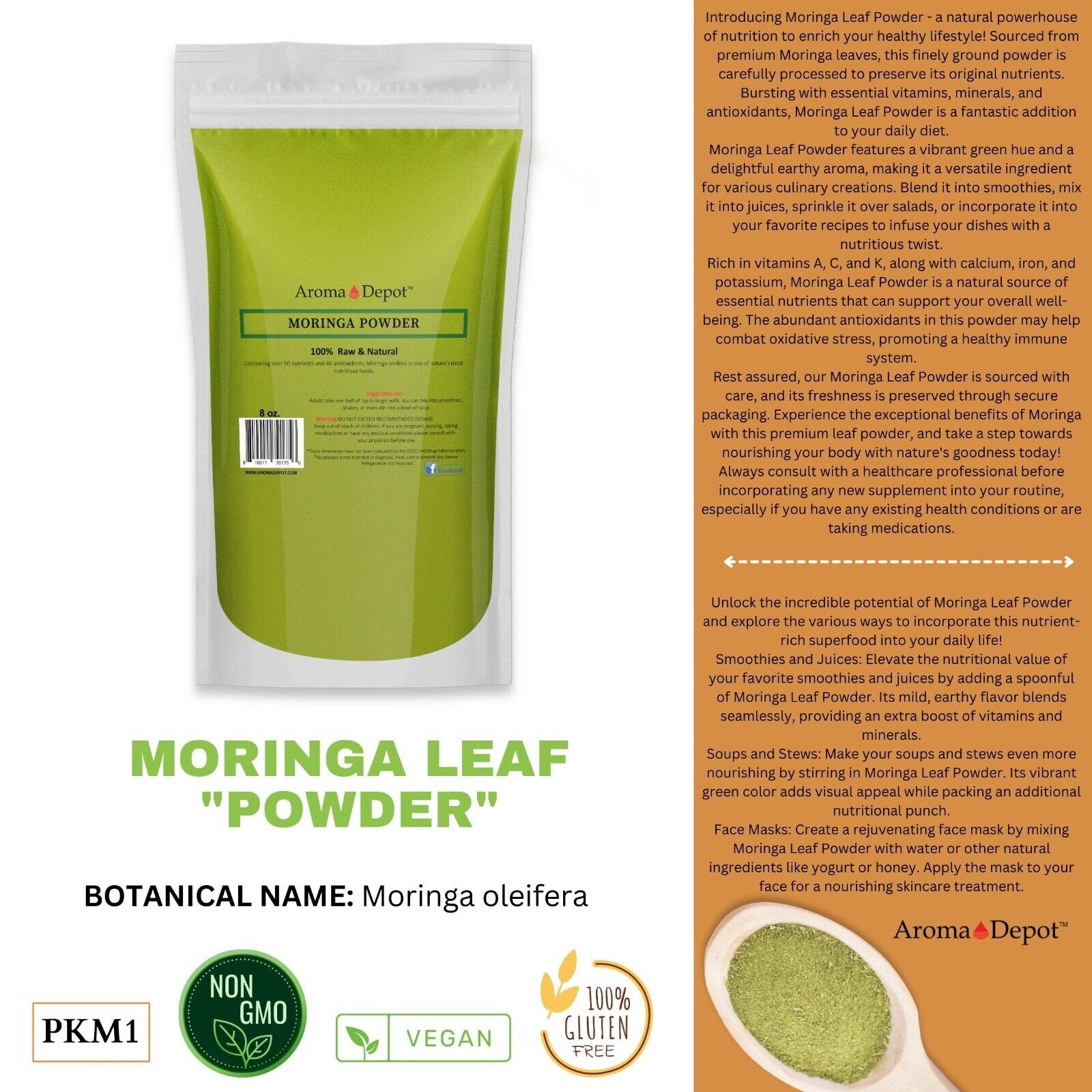 Moringa Powder Oleifera Leaf 100% Pure Natural Superfood 24 Oz. JAR 1.5Lb