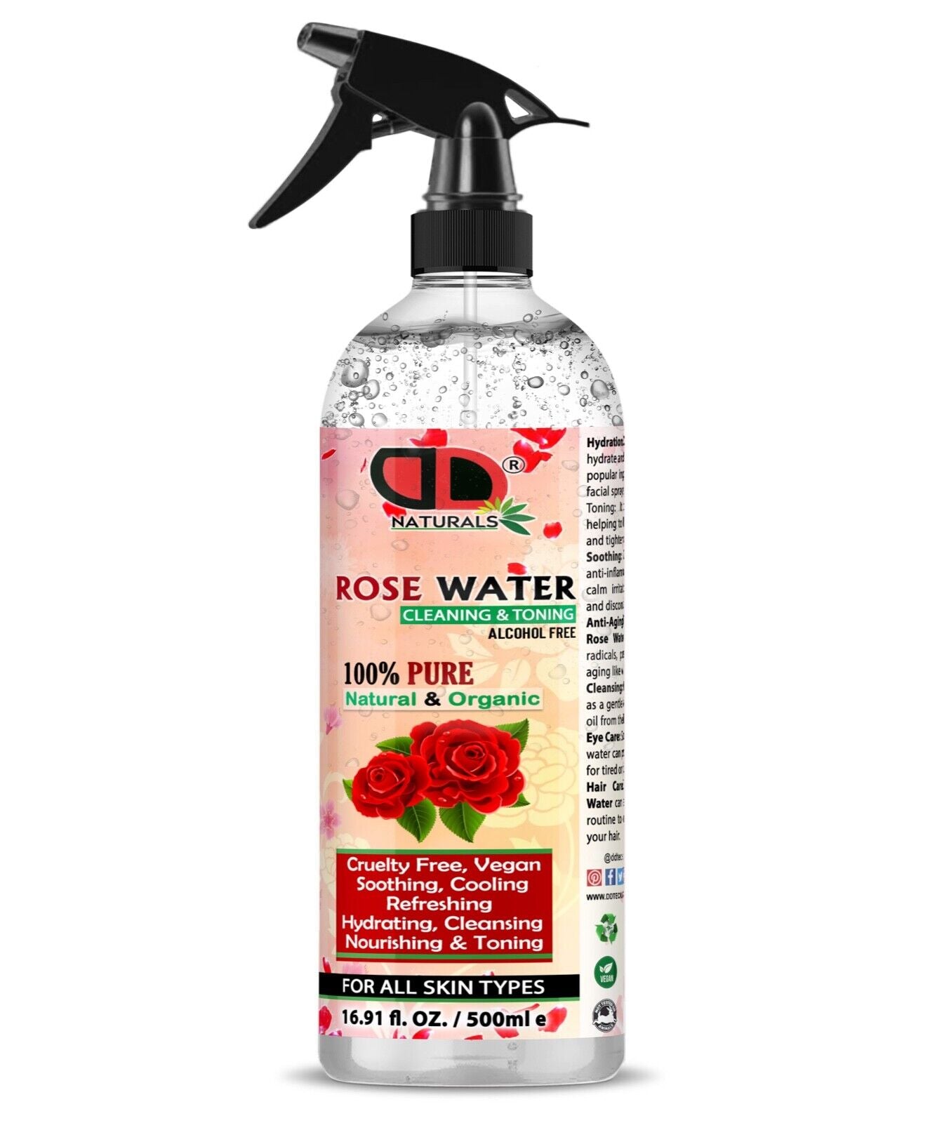 100% Pure Natural Organic Rose Water Toner Cleanser, Moisturiser for Fresh Face