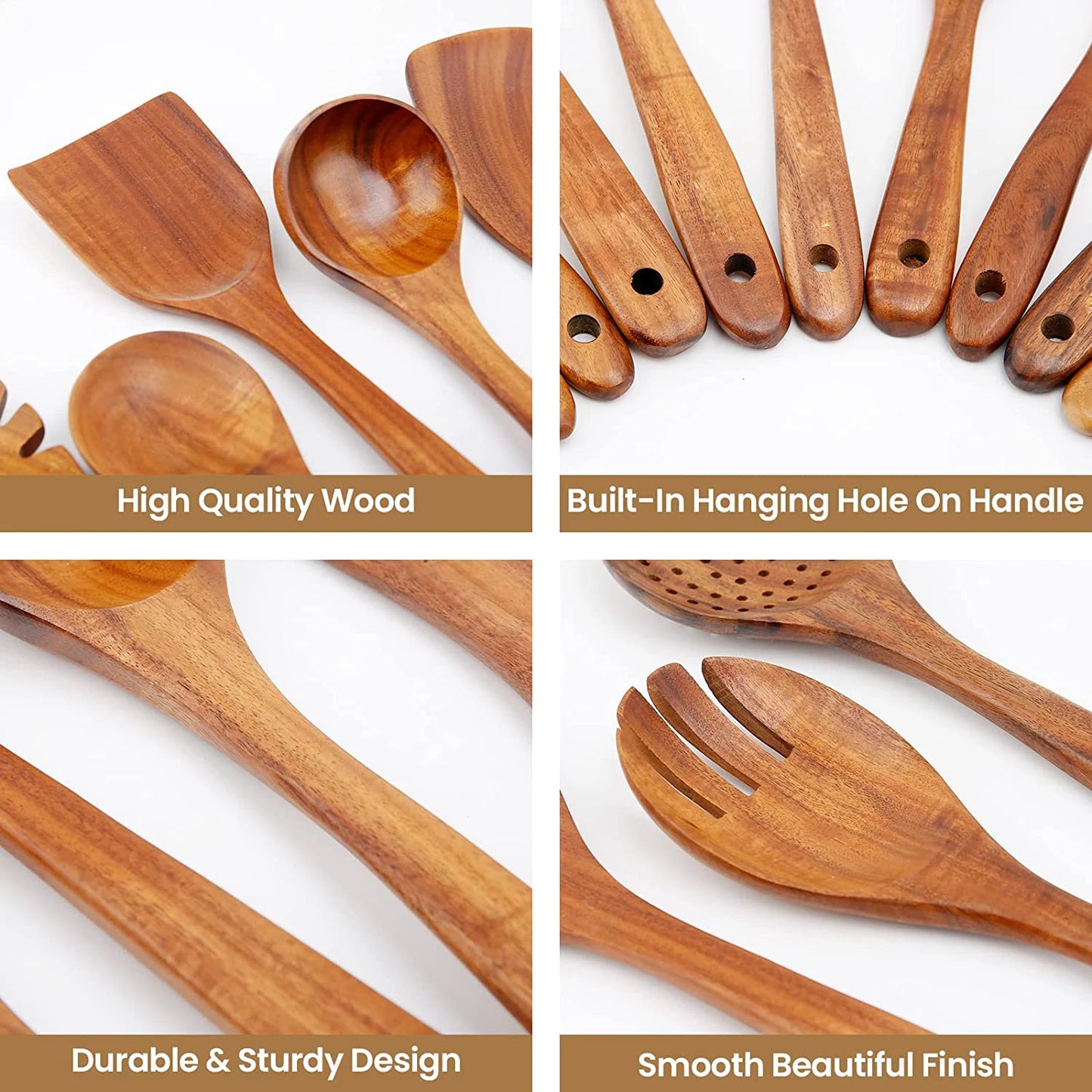 Wooden Kitchen Utensils for Cooking Natural Wood Utensil Set Wooden Spoons 7/8/11/13Pcs Nonstick Set Spatula