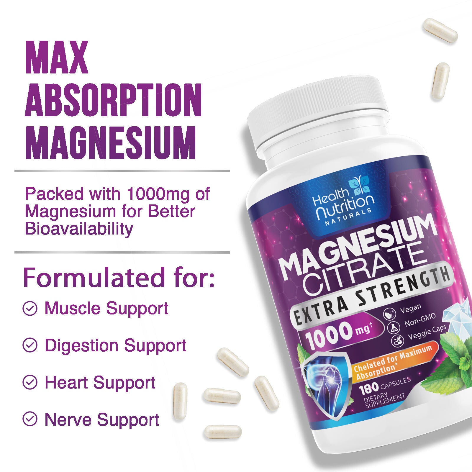 Magnesium Citrate Capsules 1000Mg per Serving - Highest Potency Capsules