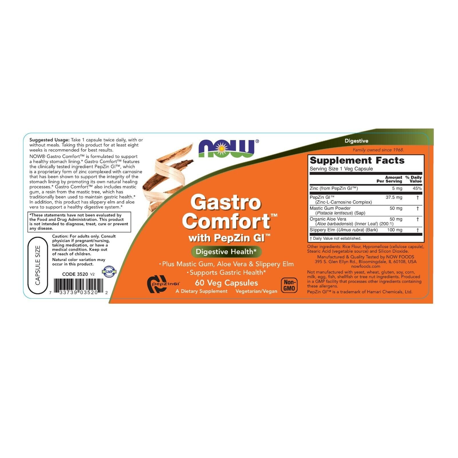 NOW Foods Gastro Comfort with Pepzin GI (Replaced Ulcetrol), 60 Veg Capsules