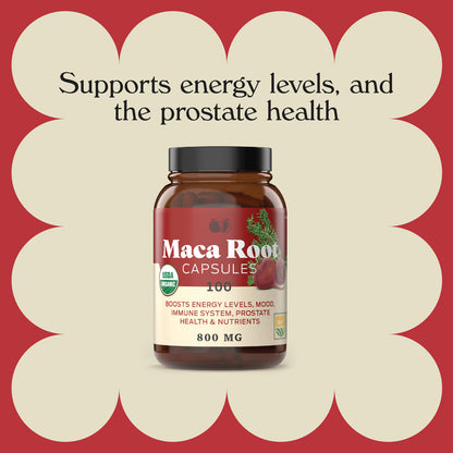 Organic Red Maca Root Capsules - 800Mg 100 Gelatinized Pills, Pure Red Raw Maca