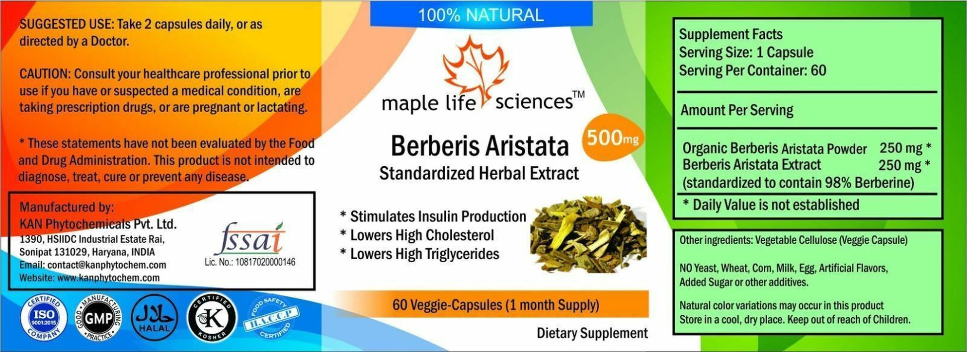 ORGANIC Berberis Aristata Capsules (Berberine) - 500Mg - AU Stock