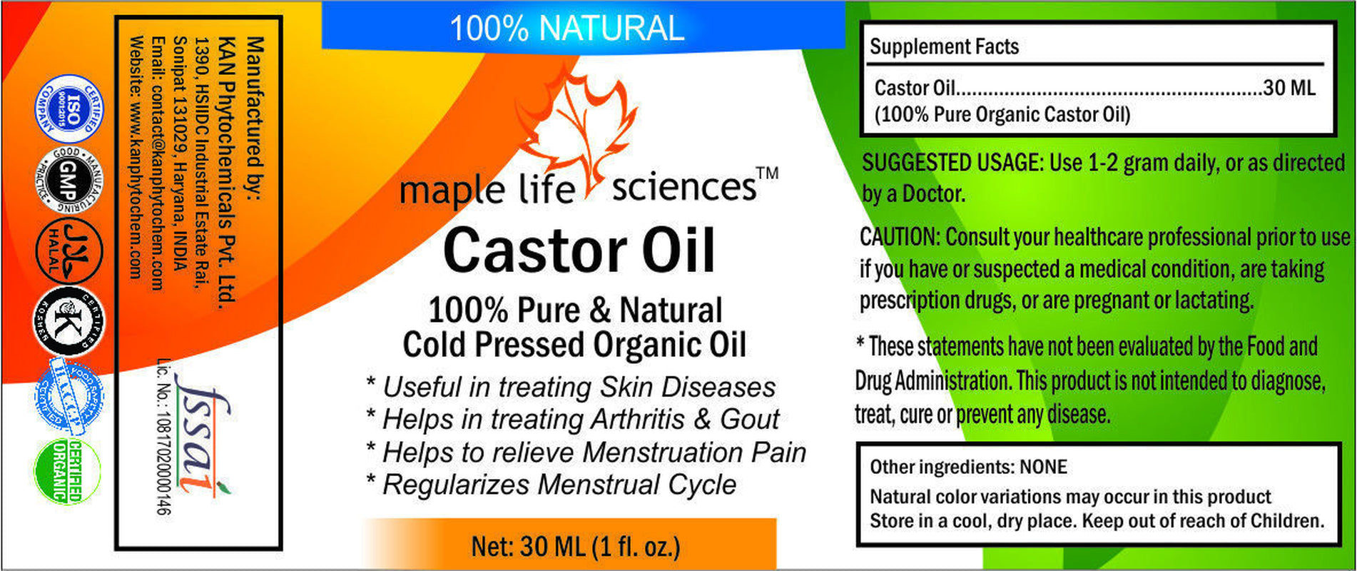 Castor Oil 100% Pure & Natural Helps Arthritis Gout Relieve Menstruation Pain