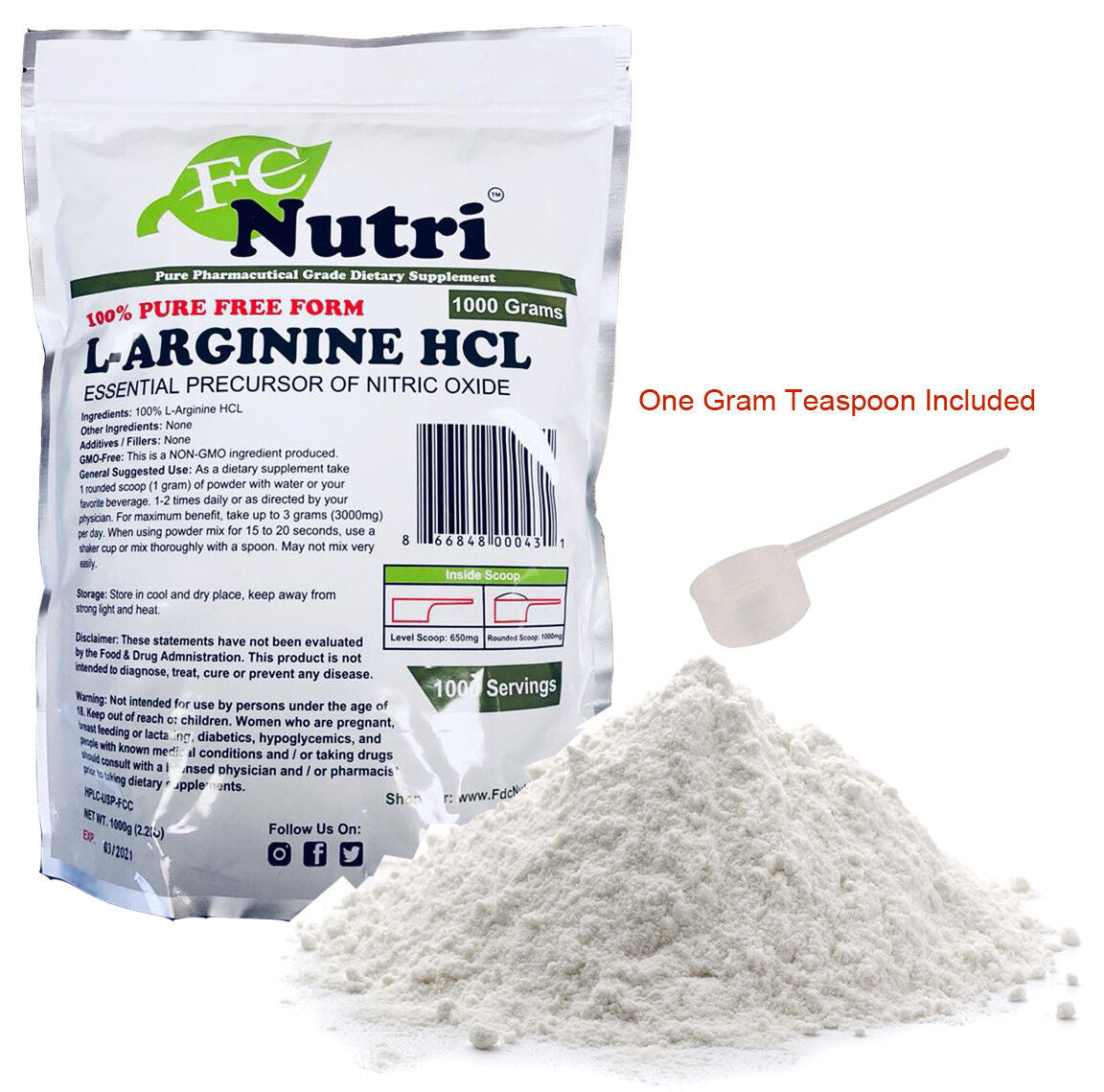 L-Arginine Powder 1000G (2.2Lb) HCL FREE FORM PHARMACEUTICAL GRADE BUILD MUSCLE