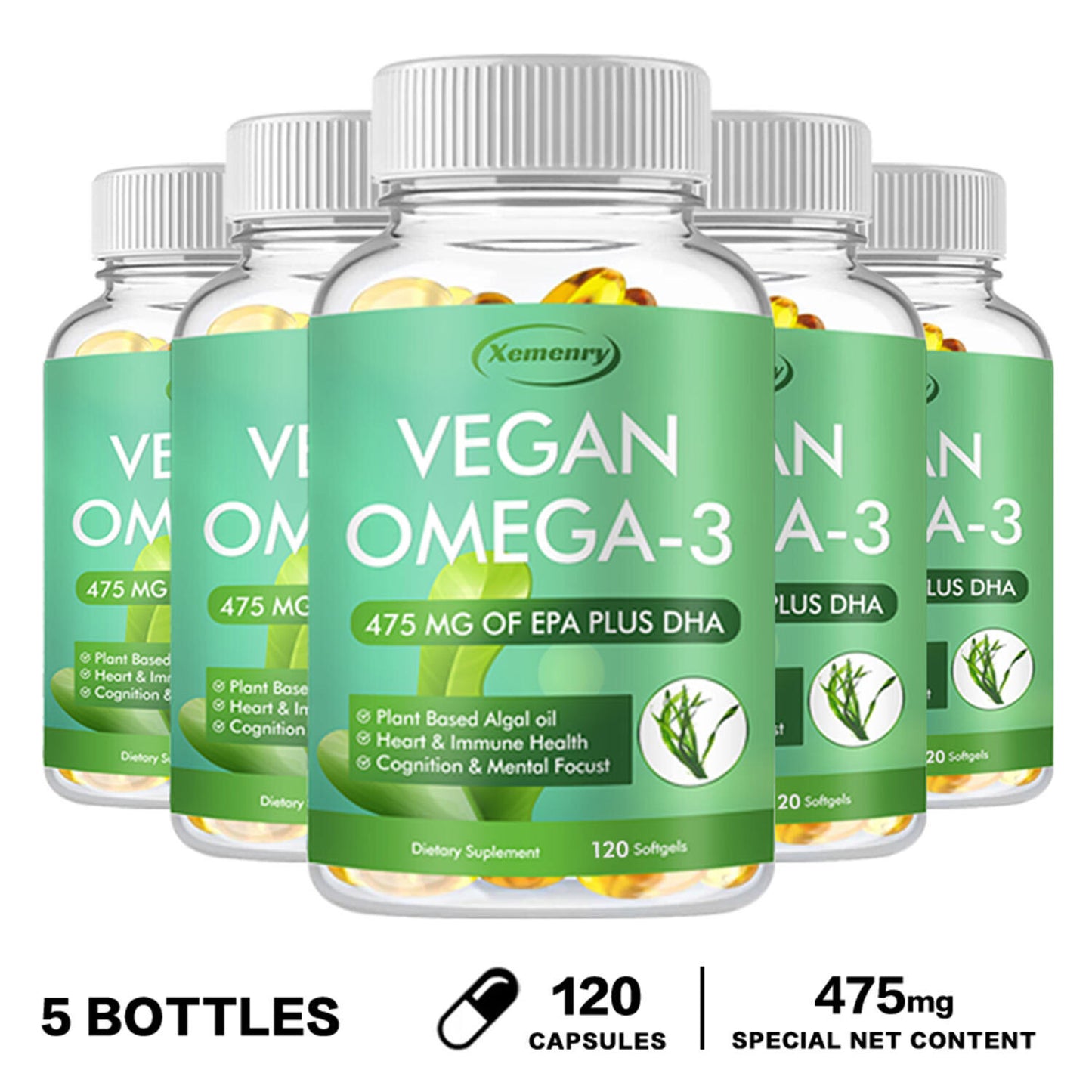 120Pcs Vegan Omega-3 Algae Oil Capsules 475Mg - EPA, DHA - Heart & Joint Health