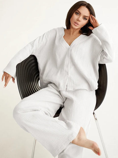 Khaki Pure Cotton Sleepwear V Neck Single Breasted Wide Leg Pants Trouser Suits Drop Sleeves Set Woman 2 Pieces Loungewear