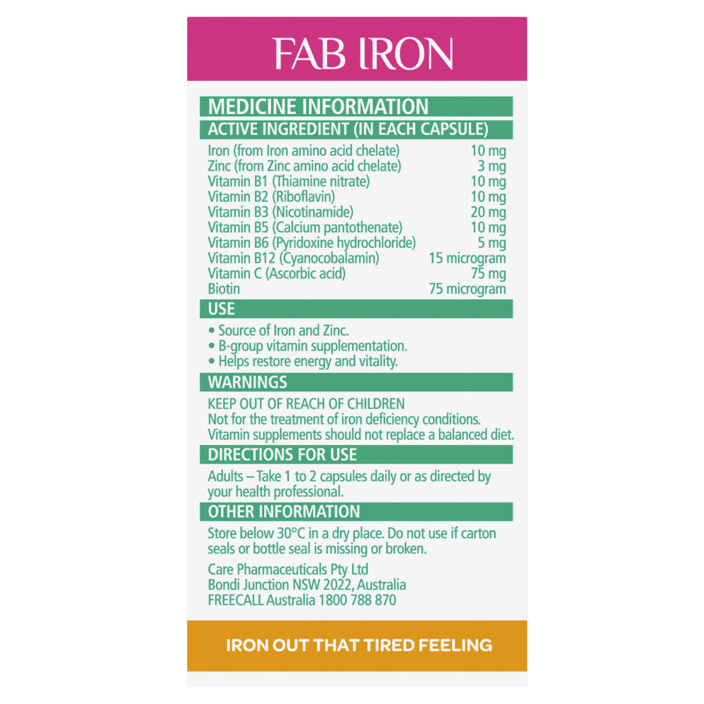 Fab Iron + Vitamin B Complex & Zinc 60 Capsules Low Constipation Gentle Vegan