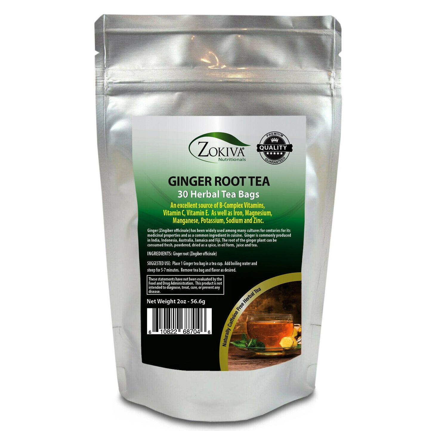 Ginger Tea Bags (30 Bags) All-Natural Herbal Tea - Premium Root & Caffeine-Free