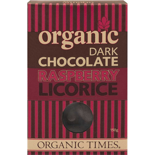 ORGANIC TIMES Dark Chocolate Raspberry Licorice 150G