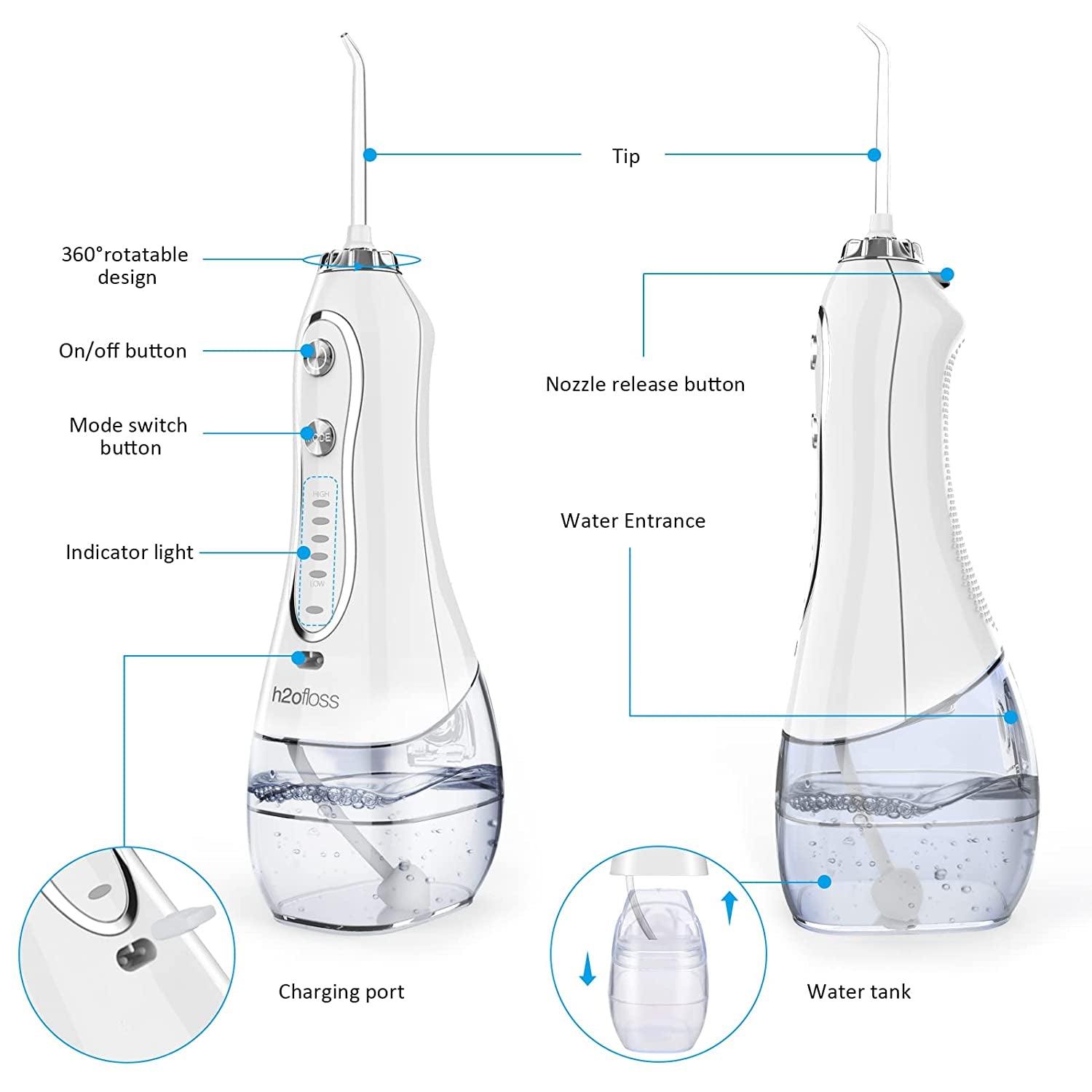 H2Ofloss Water Flosser Portable Dental Oral Irrigator with 5 Modes, 6 Replaceabl