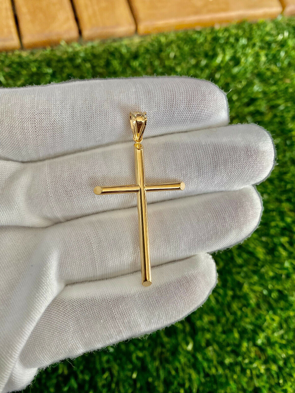 Unisex Real 14K Solid Yellow Gold Cross Latin Polished Charm Pendant Necklace