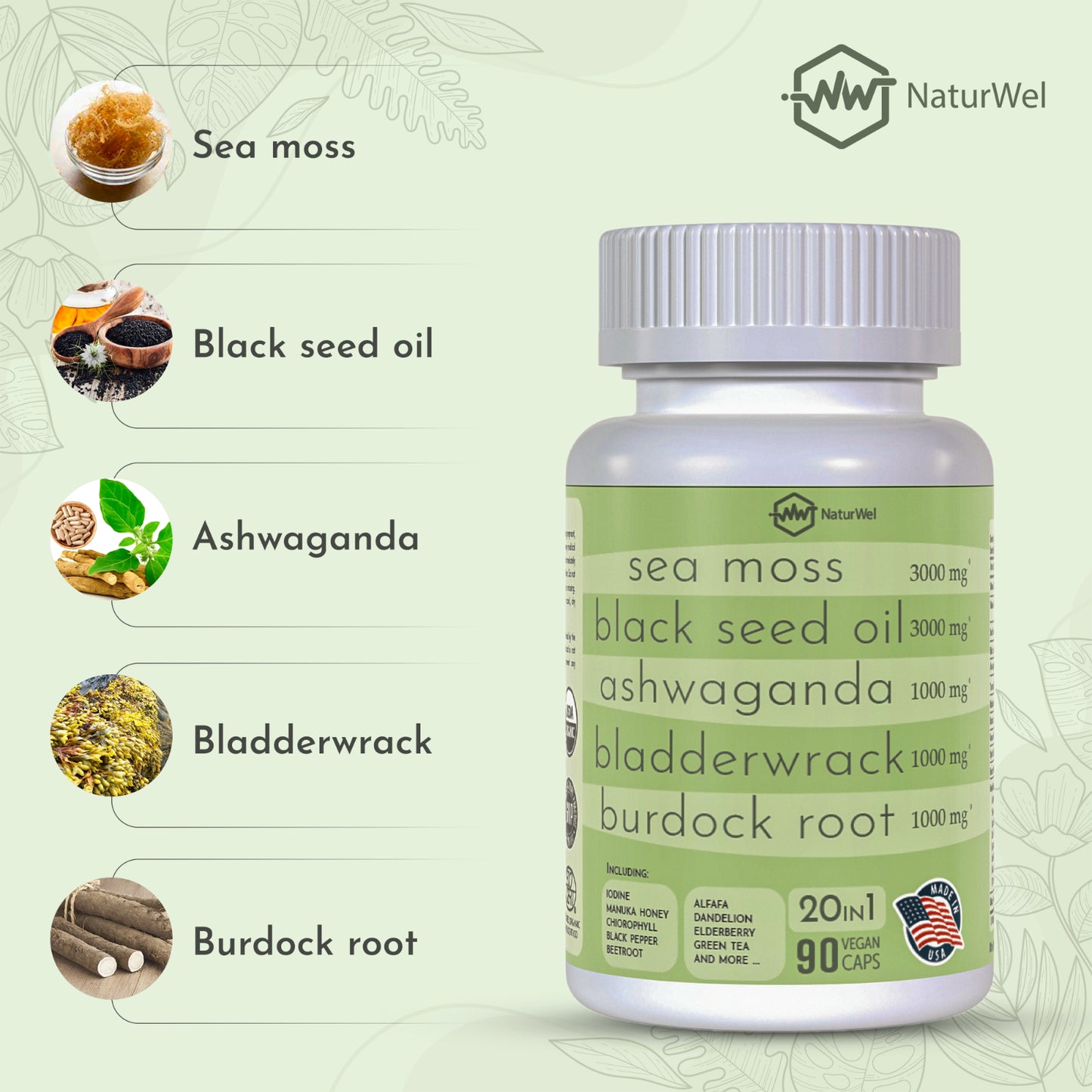 20 in 1 Supplement Sea Moss Black Seed Oil 3000Mg Ashwagandha Turmeric 1000Mg