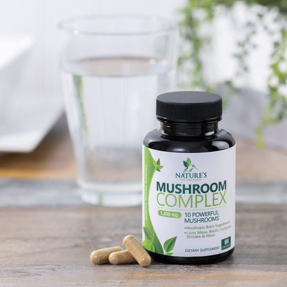 Mushroom Complex Supplement Capsules - 10 Mushrooms Lions Mane, Reishi, Chaga