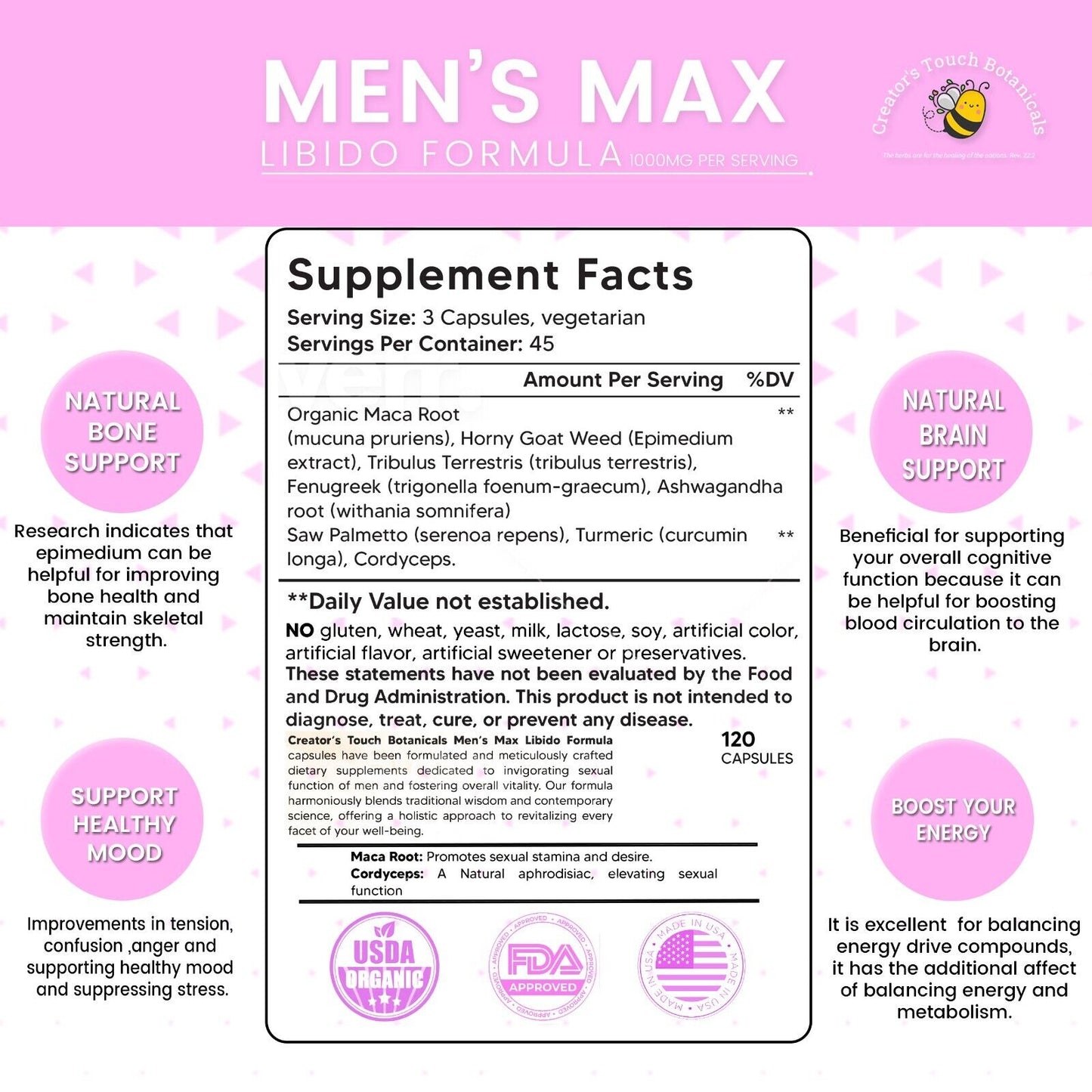 Men'S Max Capsules 120 Caps, Organic, Sexual Stamina, Testosterone Boost, Libido